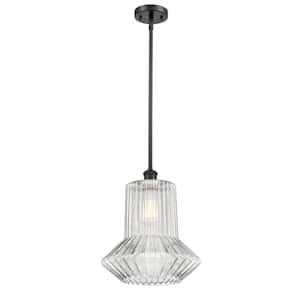 Springwater 1-Light Matte Black Tubed Pendant Light with Clear Spiral Fluted Glass Shade