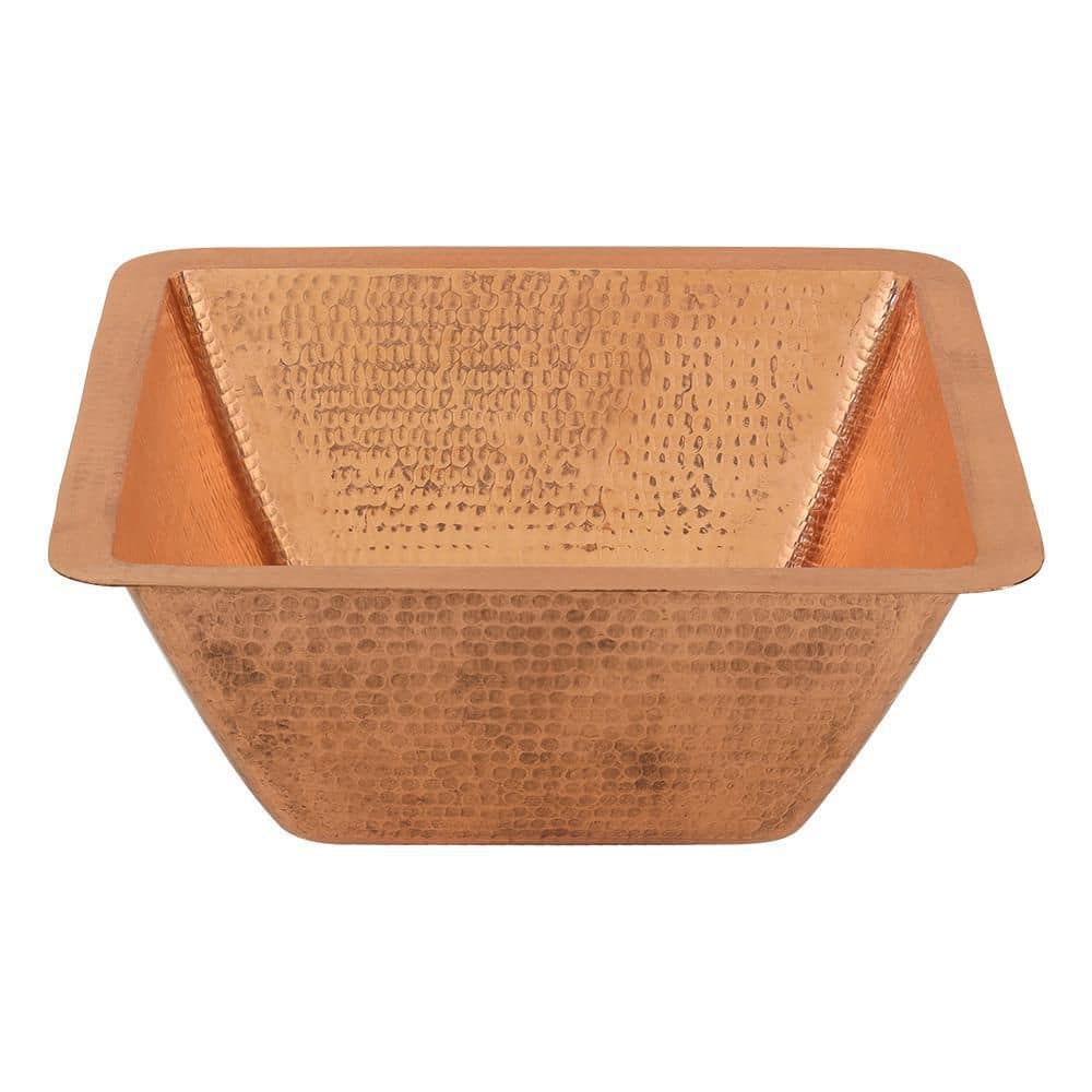Premier Copper Products Polished Copper 17 Gauge 15-in. Square Hammered Copper Dual Mount Bar Sink with 2"" Drain Opening -  BS15PC2