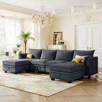 115 in. Flared Arm 6-Piece Linen U-Shaped Sectional Sofa in Dark Gray with Convertible