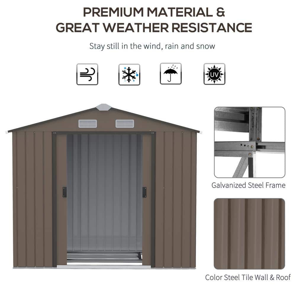 Brown Metal Outdoor Storage Shed with Windows and Sliding Doors