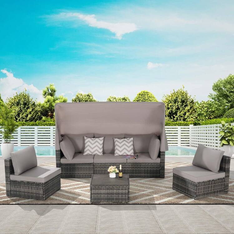 Zeus & Ruta 5-Piece Gray Wicker Outdoor Patio Day Bed Furniture Set with Retractable Canopy Side Table and Linght Gray Cushions
