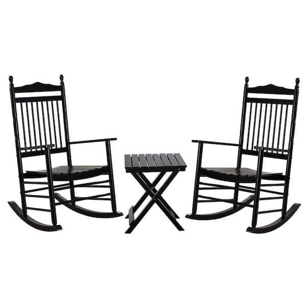 BplusZ Black Wood Outdoor Rocking Chair with Small Foldable Side Table, for Bistro Porch and Backyard (Set of 3)