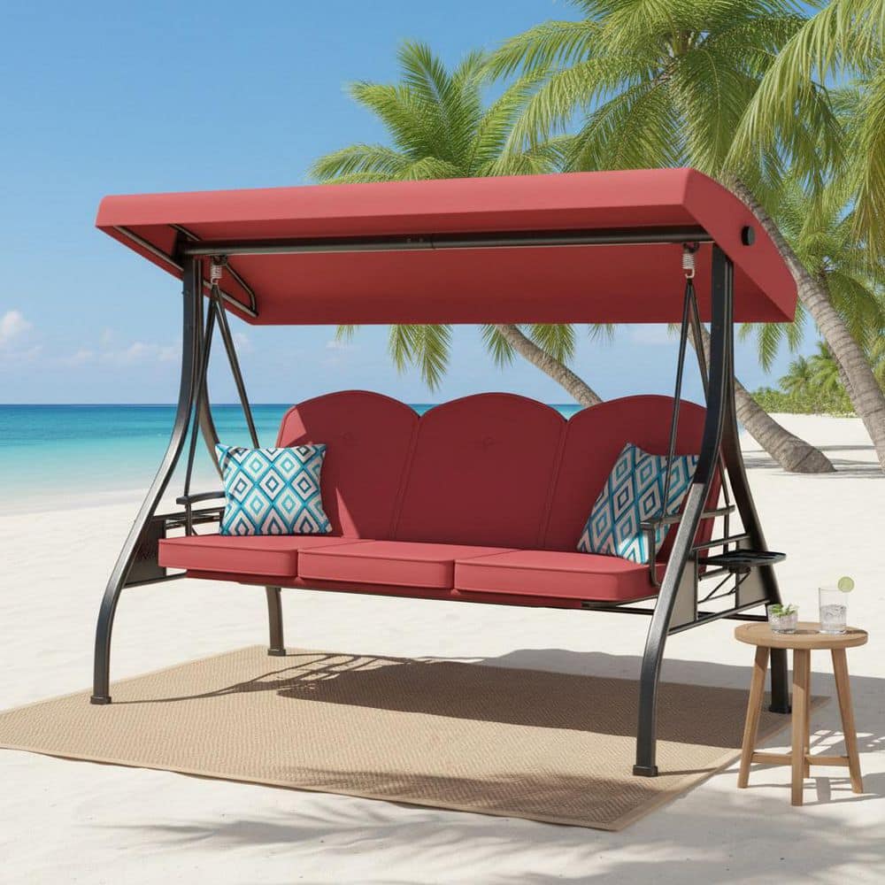 3-Person Black Metal Porch Swing 2-in-1 Convertible Swing Bed with Wine Red Cushions for Yard price history on PriceWatchPro