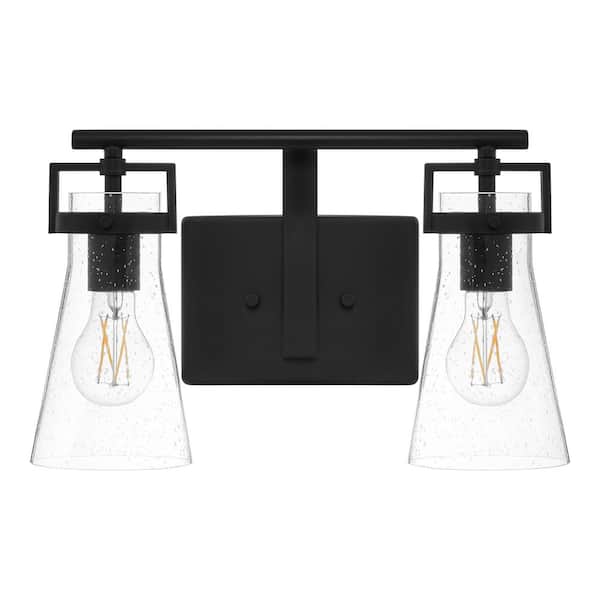 Home Decorators Collection Clermont 14.75 in. 2-Light Matte Black Bathroom Vanity Light with Seeded Glass Shades