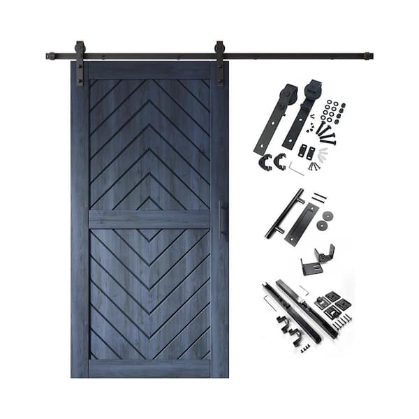 JT2 32 in. x 80 in. C-Panel Navy Fishbone Design Solid Pine Wood Sliding Barn Door with Hardware Kit