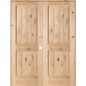 56 in. x 80 in. Rustic Knotty Alder 2-Panel Sq-Top w.VG Left Hand Solid Core Wood Double Prehung Interior French Door