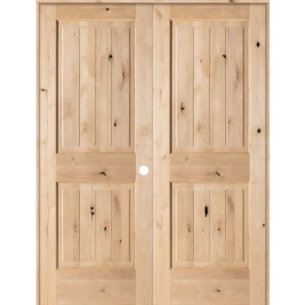 64 in. x 80 in. Rustic Knotty Alder 2-Panel Sq-Top w/VG Left Hand Solid Core Wood Double Prehung Interior French Door