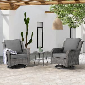 OC Orange Casual 3-Piece Wicker Swivel Outdoor Rocking Chairs with Side Table Rattan Chair Set, Grey Cushions