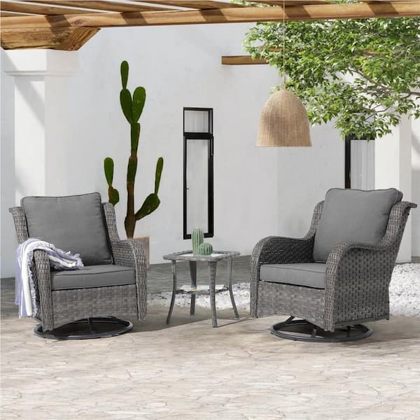 Freestyle 3-Piece Wicker Outdoor Rocking Chairs Patio Rattan Swivel with Side Table, Grey Cushions