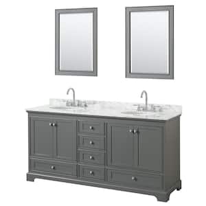 Deborah 72 in. Double Vanity in Dark Gray with Marble Vanity Top in White Carrara with White Basins and 24 in. Mirrors