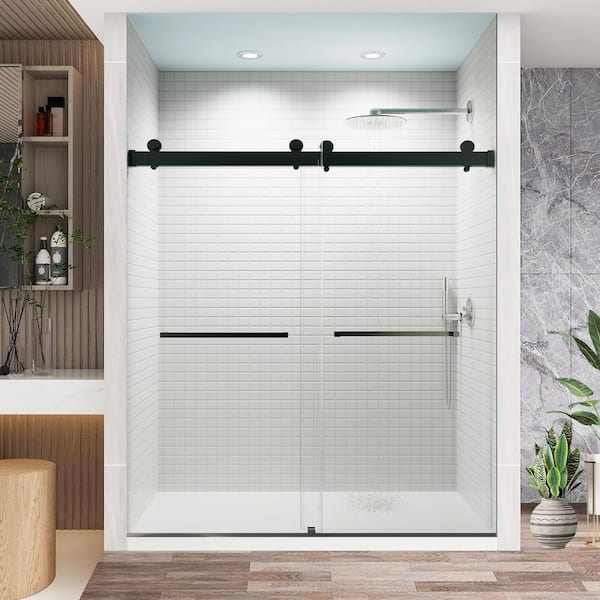 60 in. W x 76 in. H Double Sliding Frameless Shower Door in Matte Black with Soft-closing and 3/8 in. (10 mm) Glass