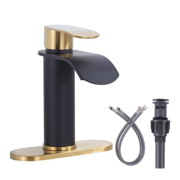IVIGA 4 in. Centerset Single Handle High Arc Waterfall Bathroom Faucet with Pop Up Drain and Supply Lines in Black and Gold