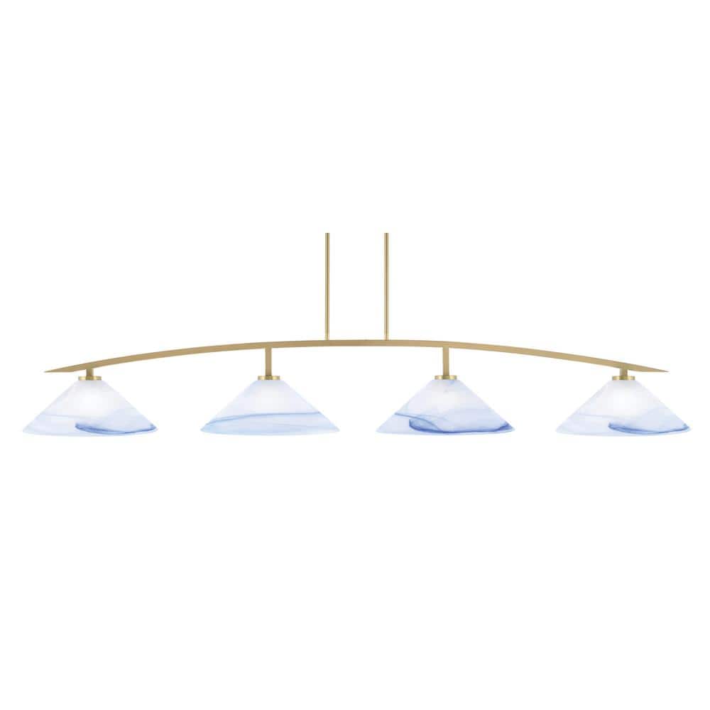 Siena 4-Light New Age Brass Billiard Light with 16 in. Blue Swirl Glass Sha
