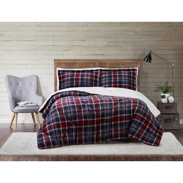 Truly Soft Cuddle Warmth Printed Plaid Blue and Red Full/Queen Comforter Set