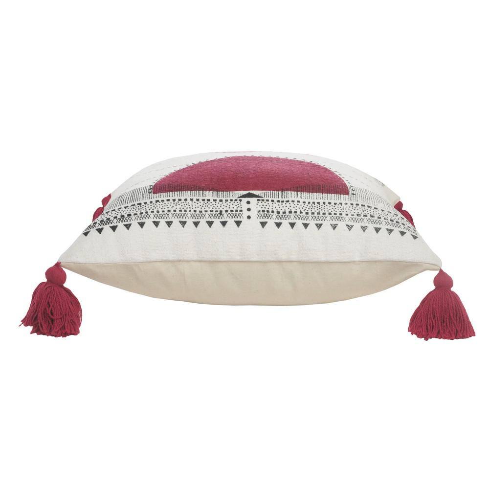 White and Burgundy Cotton Blend Geometric Throw Pillow