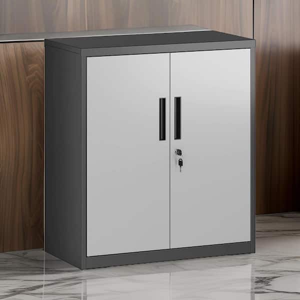Benjara 15.75 in. Silver and Black Storage Cabinet with 2 Shelves and Cutout Handle