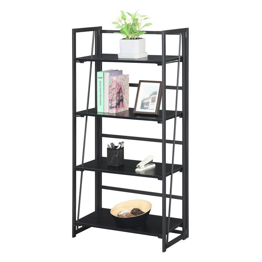 Demi Slim Black Folding 4-Tier Metal & Wood Bookshelf