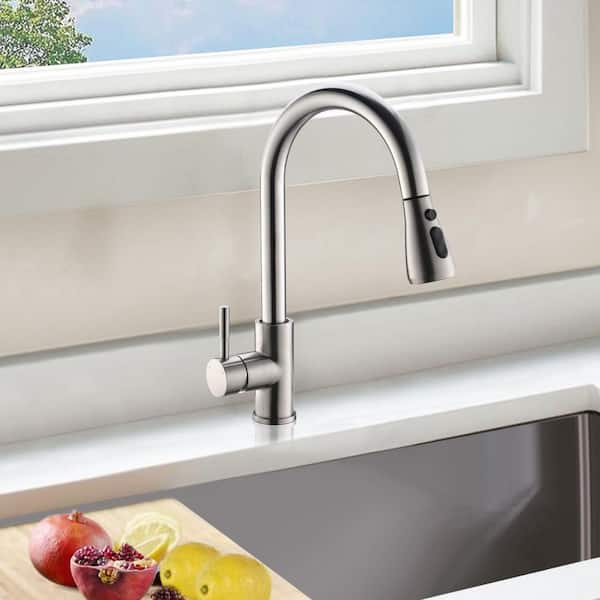 Satico Single Handle Touch Pull Down Sprayer Kitchen Faucet with Dual Function Sprayhead in Brushed Nickel