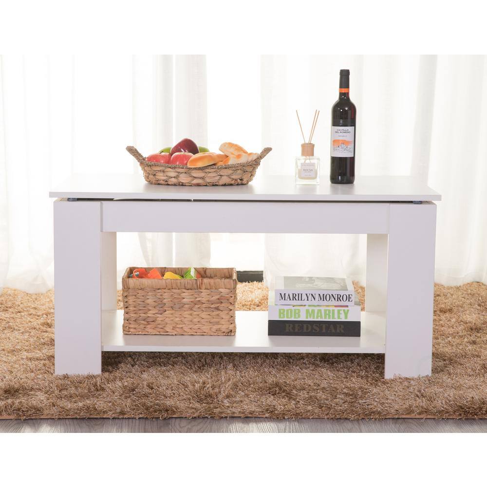 White Rectangular Wood Lift-Top Coffee Table with Storage