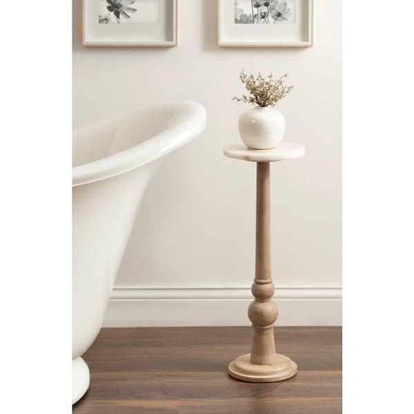 Wegner 8 in. White/Natural Round Marble End Table
