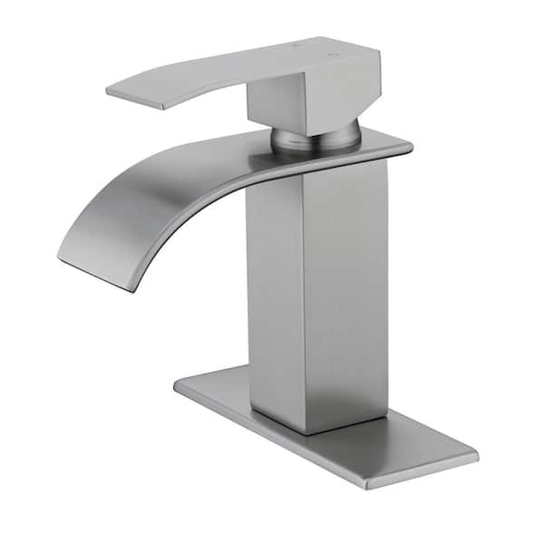 CASAINC Single Handle Single Hole Bathroom Vanity Waterfall Spout Bathroom Faucet with Deckplate Included in Brushed Nickel
