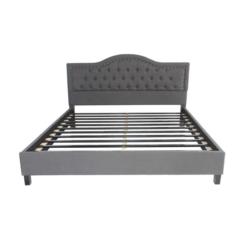 Noble House Dante King Size Tufted Dark Gray Fabric and Wood Bed Frame with Stud Accents 53360 The Home Depot