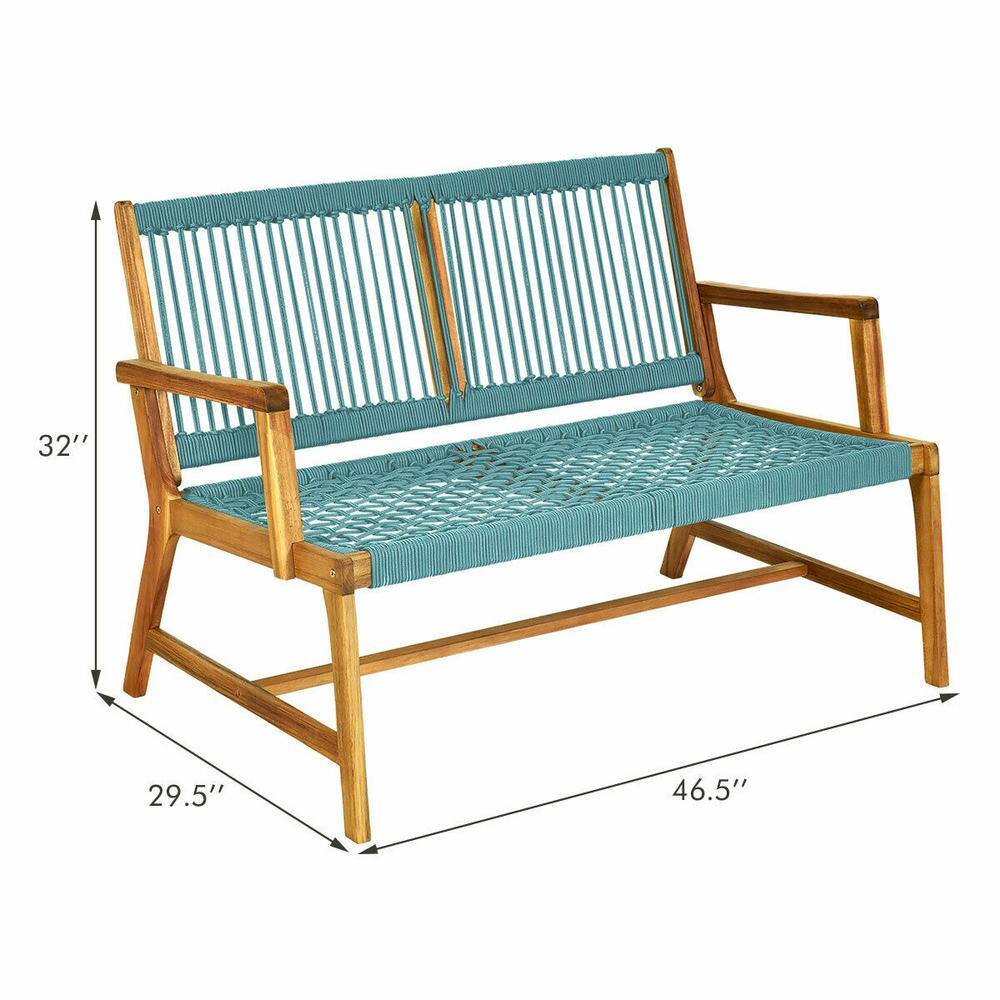 Turquoise Acacia Wood and Rope 2-Person Outdoor Bench