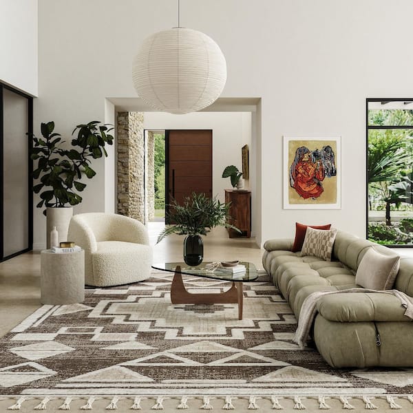 Gatsby Southwestern Tasseled Brown 10 ft. x 13 ft. Indoor/Outdoor Patio Area Rug