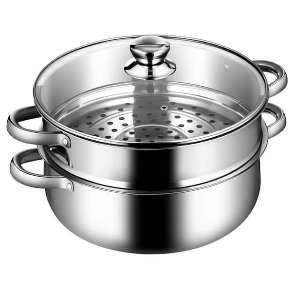 Stainless Steel Saucepan,DERUI CREATION 2.5 QT Food Grade 304 Stainless  Steel Soup Pot and Steamer Basket,Cooking Pot with Lid(18cm（2.5QT）, Silver)