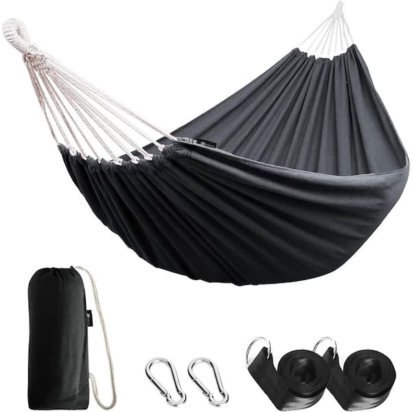 Unbranded 9 ft. 2 Person Cotton Hammock Comfortable Fabric Hammock with Tree Portable Hammock with Travel Bag（Dark Grey）