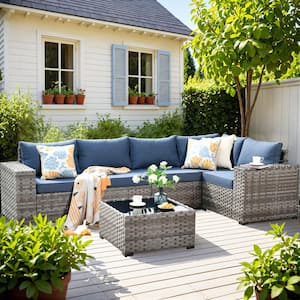 Beatrice 6-Piece Wicker Outdoor Sectional Set with Denim Blue Cushions