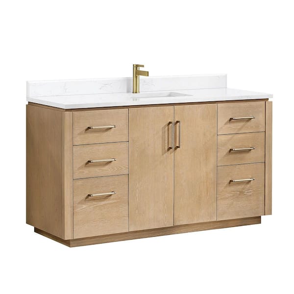 San 60 in.W x 22 in.D x 33.8 in.H Single Sink Bath Vanity in Washed Ash Grey with White Composite Stone Top