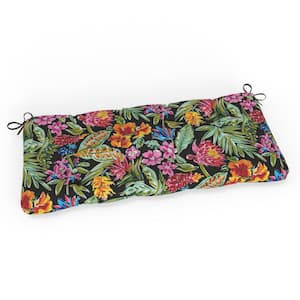 Tropic Floral 44 in W x 3 in H Rectangular Outdoor Tufted Blown Bench Cushion w/ Ties 1-Count in Island Black