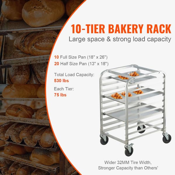 Bun Pan Rack 10-Tier Commercial Bakery Racks with Brake Wheels 26 in.