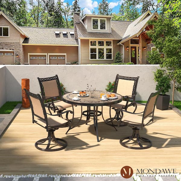 5-Piece Cast Aluminum Outdoor Dining Set Swivel Sling Chair 48 in. Round Ceramic Table with 2.3 in. Umbrella Hole