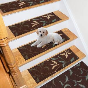 Ottohome Collection Non-Slip Rubberback Leaves Design 8.5 in. x 26 in. Indoor Stair Treads, 14 Pack, Brown