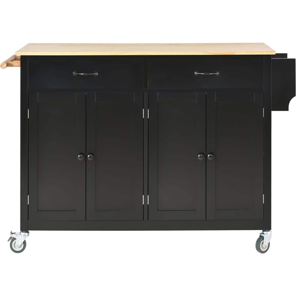 Black Wood Kitchen Cart with Solid Wood Top and Locking Wheels (54.3 in