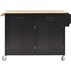 Black Wood Kitchen Cart  with Solid Wood Top and Locking Wheels (54.3 in.W)