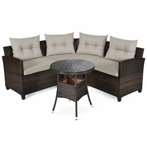 4-Piece Wicker Outdoor Patio Conversation Set Rattan Furniture Set with Brown Cushions