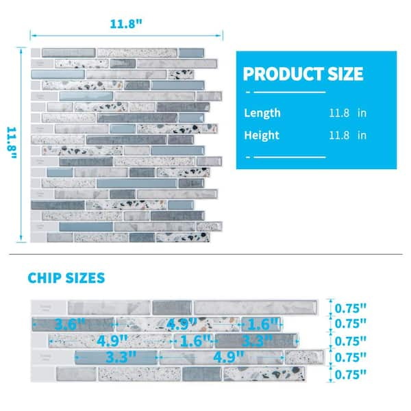 Art3dwallpanels 12 in. x 12 in. x 0.06 in. Vinyl Azure Grey Peel and Stick Backsplash Tile for Kitchen/Bathroom (10-Tiles/Pack), Blue h17hd085