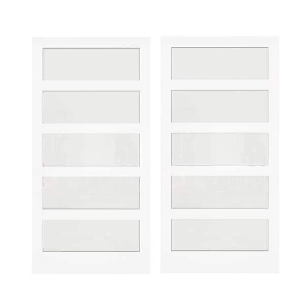 64 in. x 80 in. (Double 32 in. Interior Door slab) 5-Lites Frosted Glass Solid Hybrid Wood MDF White Pantry Finished