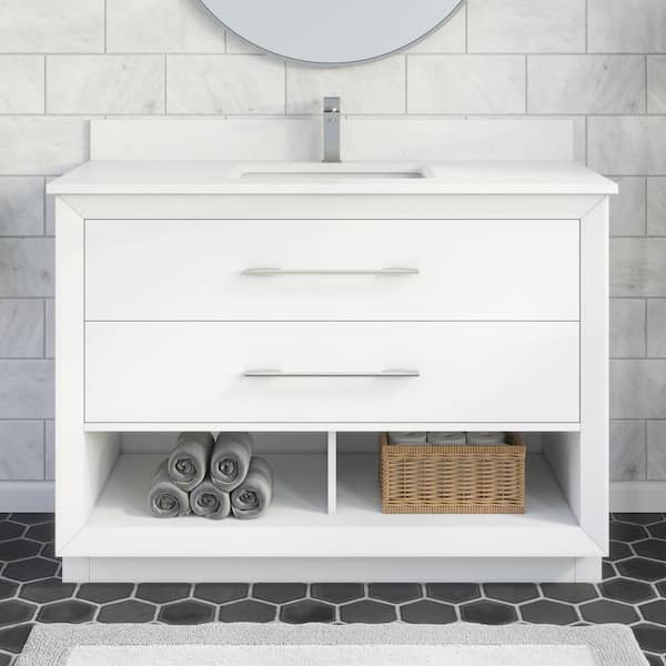 ART BATHE Rio II 48 in. W x 22 in. D Bath Vanity in White ENGRD Stone Vanity Top in White with White Basin Power Bar-Organizer