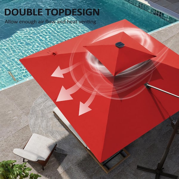 11.5 ft. Square Solar LED Lighted Double Top Cantilever 360° Rotation Patio Umbrella in Red with 300 lbs. Wheeled Base