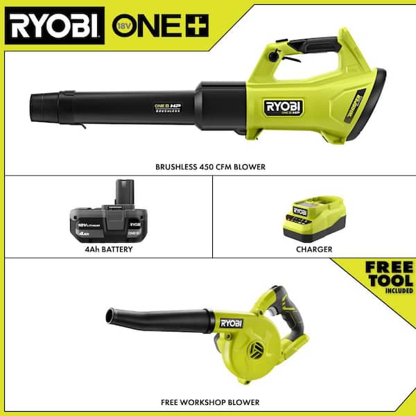 ONE+ HP 18V Brushless 450 CFM Cordless Leaf Blower w/ 4.0 Ah Battery, Charger & FREE ONE+ 18V Compact Workshop Blower