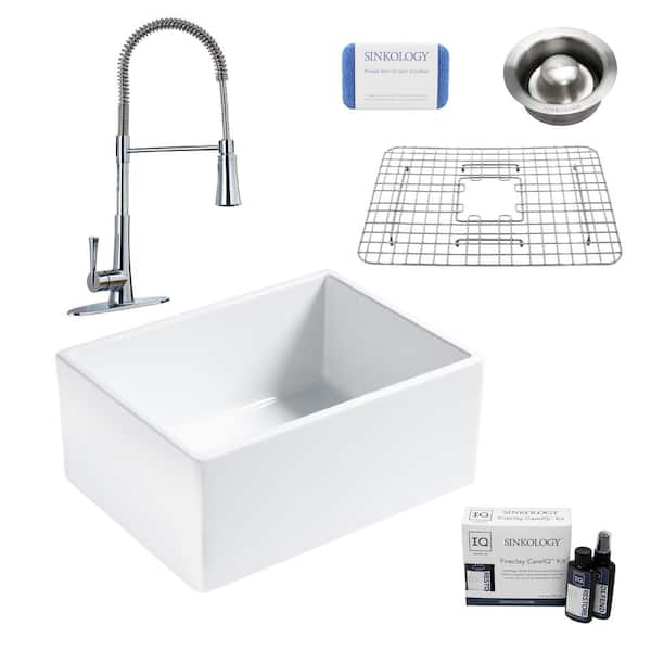 SINKOLOGY Wilcox II All-in-One Farmhouse/Apron-Fireclay 24 in. Single Bowl Kitchen Sink with Pfister Faucet and Drain
