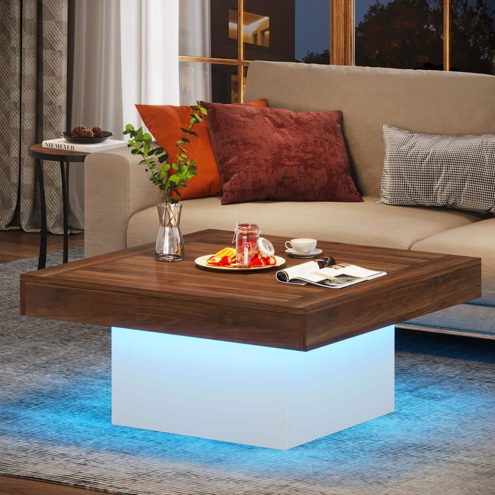 Square Brown and White LED Wood Coffee Table
