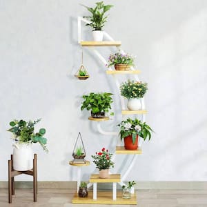 Indoor and Outdoor 9 Pots Steel Wood 6-Tiers Plant Stand with Hanger, Curved Flower Pot Stand