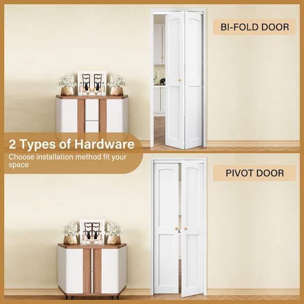 30 in. x 80 in. Arch 2 Panel White Solid Core Composite MDF Wood Interior Bi-fold Door + Pivot Door W/ 2-Type Hardware
