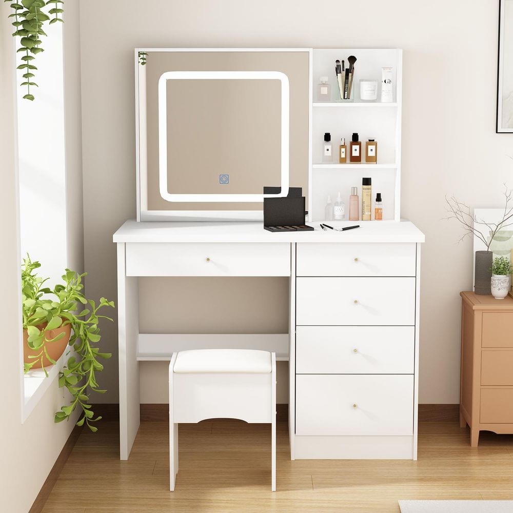 5-Drawers White Makeup Vanity Sets Dressing Table Sets with LED Dimmable Mirror, Stool and 3-Tier Storage Shelves - thumbnail 10