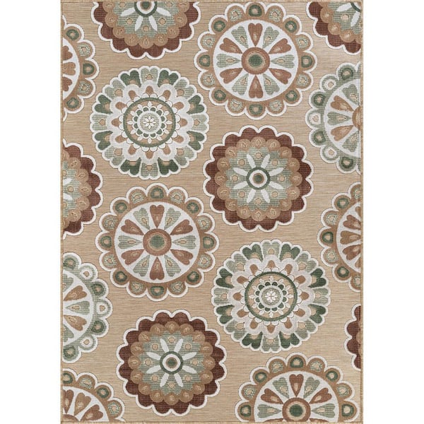 Mandala 9 ft. x 12 ft. Beige  Washable Bohemian Medallion Indoor Outdoor Area Rug